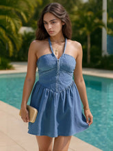 Full Size Lace Up Halter Neck Denim Dress Plus Size Blue / S